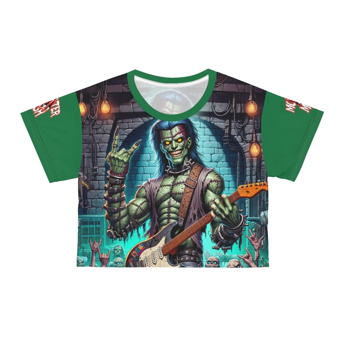 Monster Mosh 2024 Tour Frankie On Guitar MM-D002 Crop Tee (AOP) - Green Sleeves - Image 2