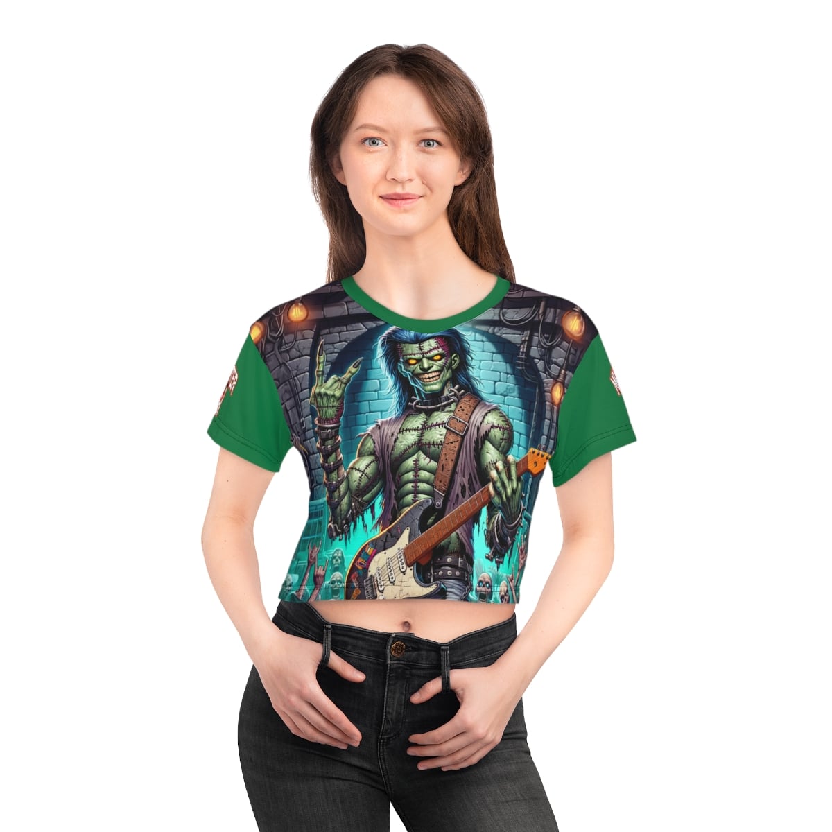 Monster Mosh 2024 Tour Frankie On Guitar MM-D002 Crop Tee (AOP) - Green Sleeves - Image 21