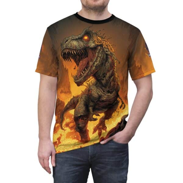 Zombie T-Rex Tyrannosaurus In Volcanic Wasteland Tee Unisex (AOP) - Image 9
