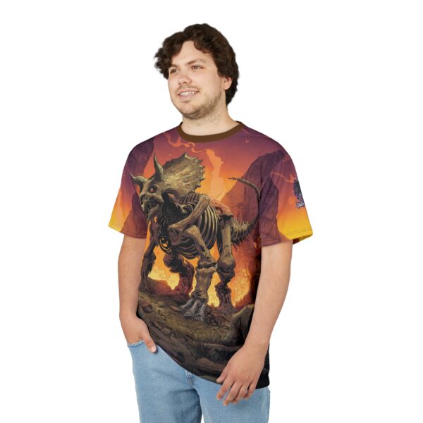Skeletal Zombie Triceratops In Volcanic Wasteland Tee Unisex (AOP) - Image 10
