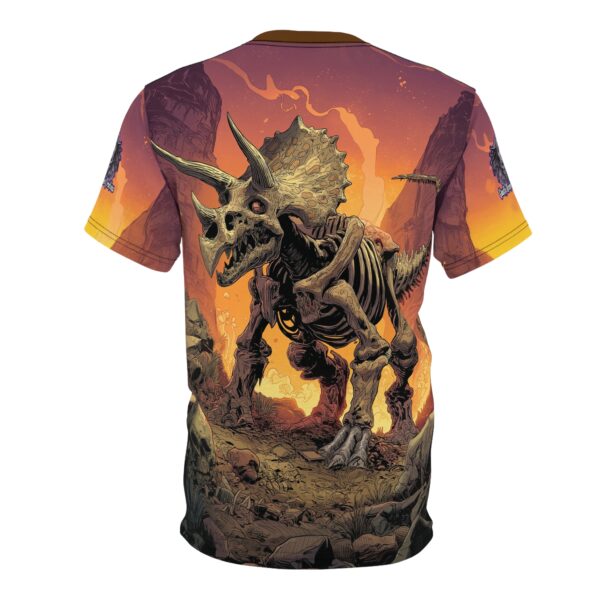 Skeletal Zombie Triceratops In Volcanic Wasteland Tee Unisex (AOP) - Image 2