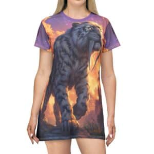 Prehistoric Smilodon aka Sabre-Tooth Tiger VI T-Shirt Dress, Colorful Casual Wear, Unique Party Outfit,