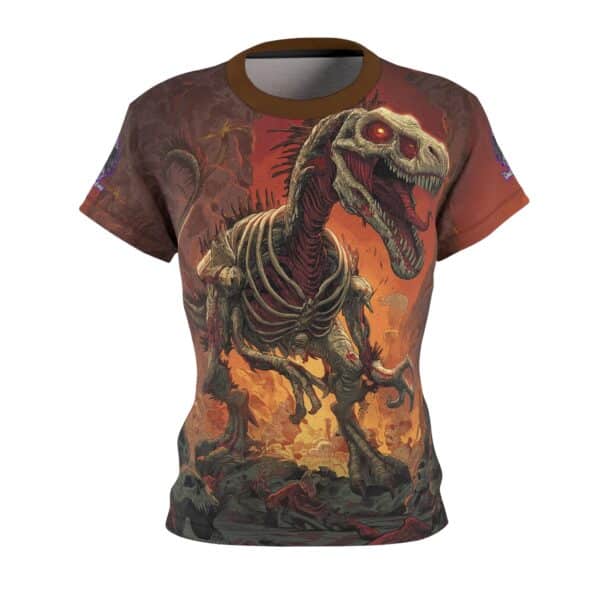Zombie Raptor Velociraptor In Volcanic Wasteland Tee Women's (AOP) - Image 5