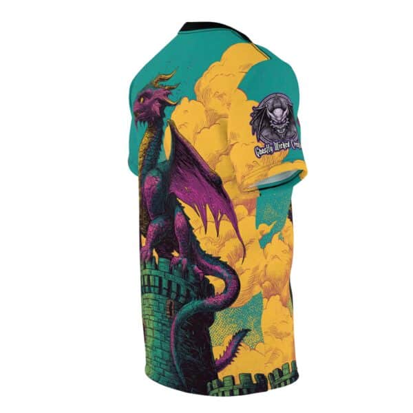 Dragon Guarding Castle Tower 60's Pop Art Style Unisex Tee (AOP) - Image 4