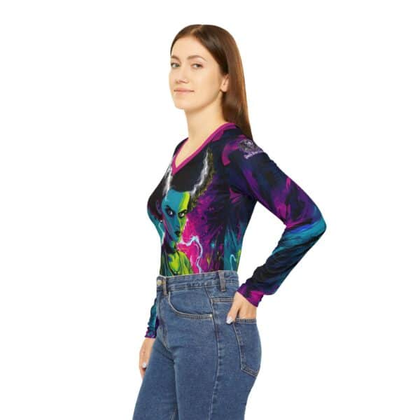 Bride Of Frankenstein Pop 60's Art Style Women's Long Sleeve V-neck Shirt (AOP) - Image 5