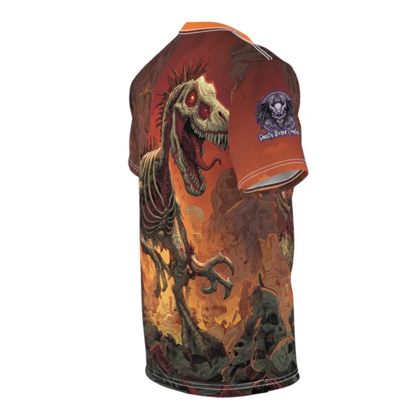 Zombie Raptor Velociraptor In Volcanic Wasteland Tee Unisex (AOP) - Image 24