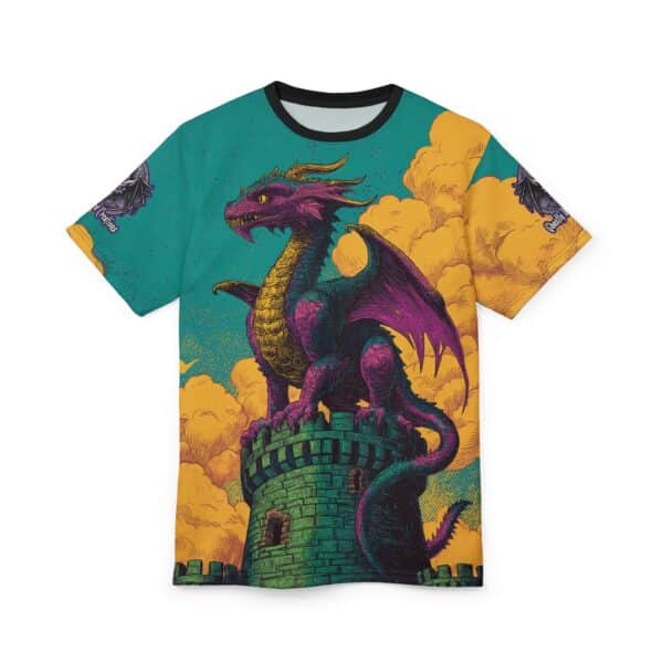 Dragon Guarding Castle Tower 60's Pop Art Style Unisex Tee (AOP) - Image 6