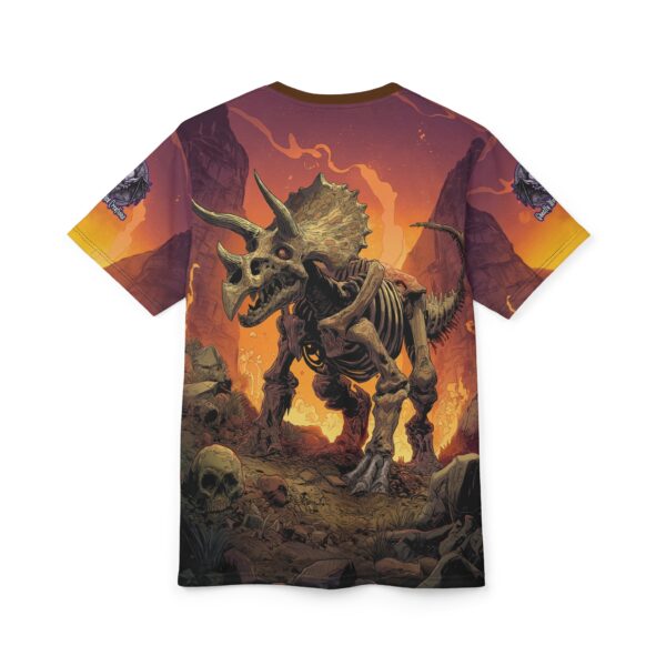 Skeletal Zombie Triceratops In Volcanic Wasteland Tee Unisex (AOP) - Image 8