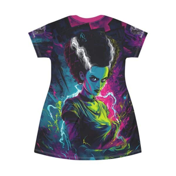 Bride Of Frankenstein Pop 60’s Art Style Gothic Vibe T-Shirt Dress, Colorful Casual Wear, Unique Party Outfit, Gift for Halloween, Trendy Fashion for Superfans - Image 3