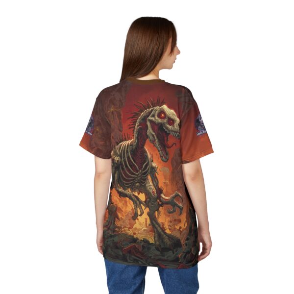 Zombie Raptor Velociraptor In Volcanic Wasteland Tee Unisex (AOP) - Image 14