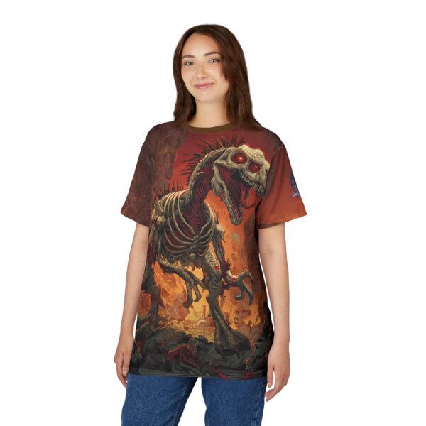 Zombie Raptor Velociraptor In Volcanic Wasteland Tee Unisex (AOP) - Image 11