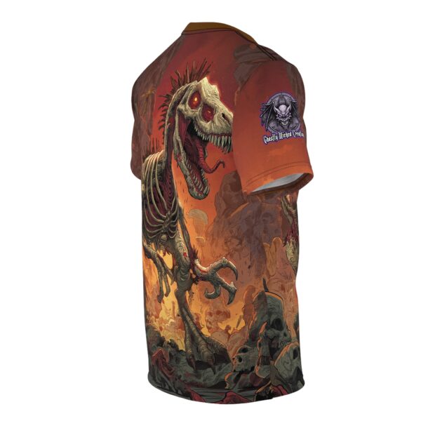Zombie Raptor Velociraptor In Volcanic Wasteland Tee Unisex (AOP) - Image 15