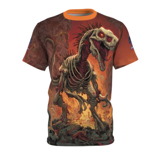 Zombie Raptor Velociraptor In Volcanic Wasteland Tee Unisex (AOP) - Image 21