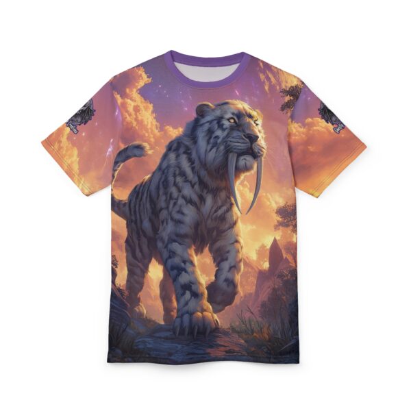 Prehistoric Smilodon aka Sabre-Tooth Tiger VI Unisex Tee (AOP) - Image 6
