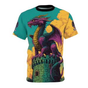Dragon Guarding Castle Tower 60's Pop Art Style Unisex Tee (AOP)
