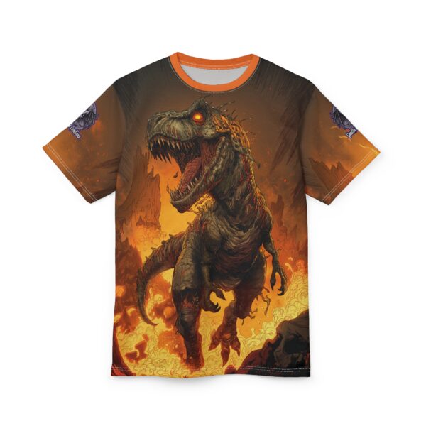 Zombie T-Rex Tyrannosaurus In Volcanic Wasteland Tee Unisex (AOP) - Image 29