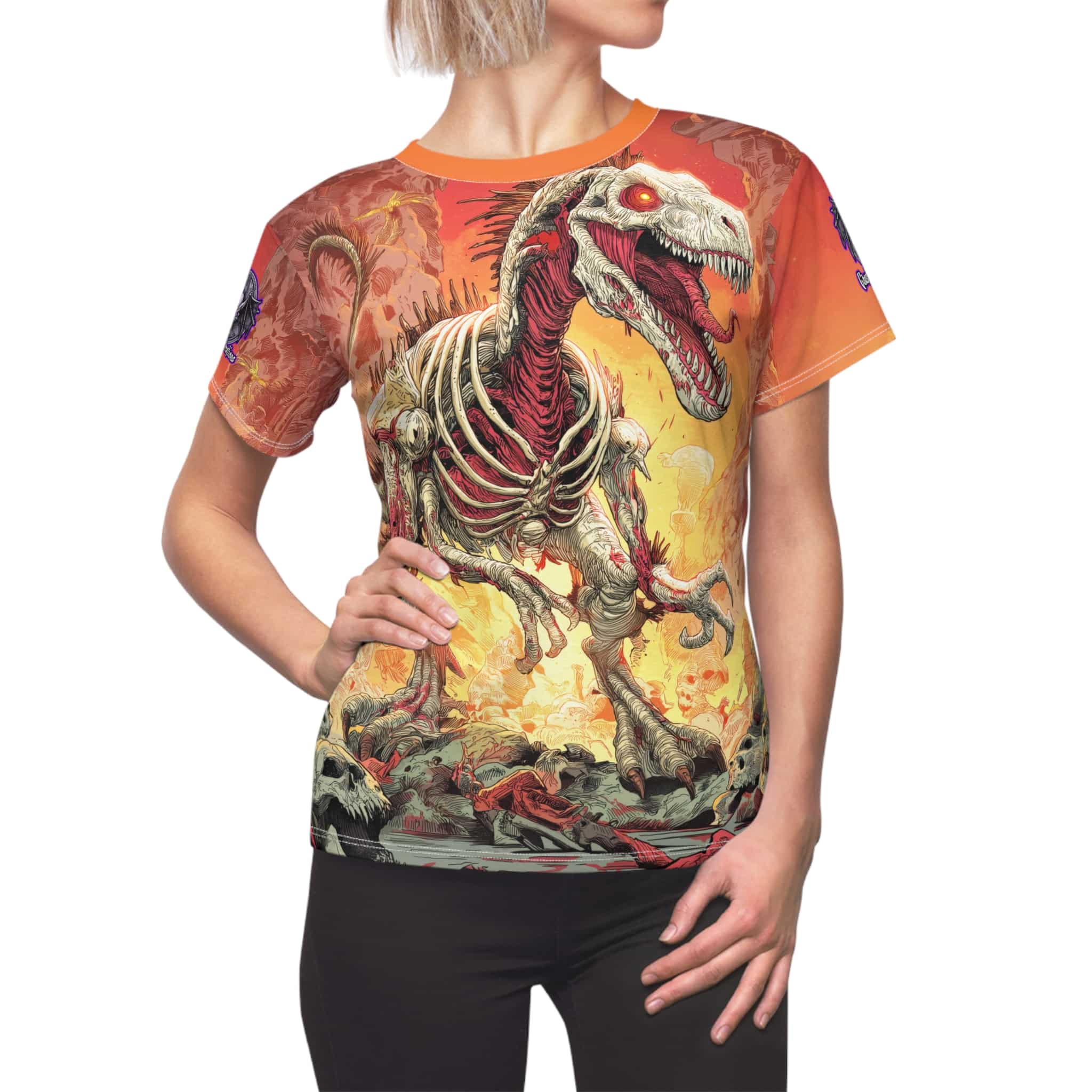 Zombie Raptor Velociraptor In Volcanic Wasteland Tee Women's (AOP)