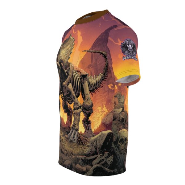 Skeletal Zombie Triceratops In Volcanic Wasteland Tee Unisex (AOP) - Image 3
