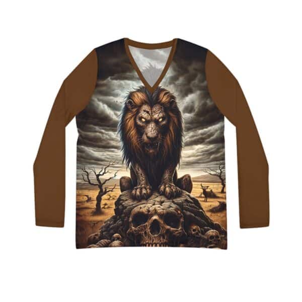 Undead Lion WD-D015 By Wyldesigns Women's Long Sleeve V-neck Shirt (AOP) - Image 2