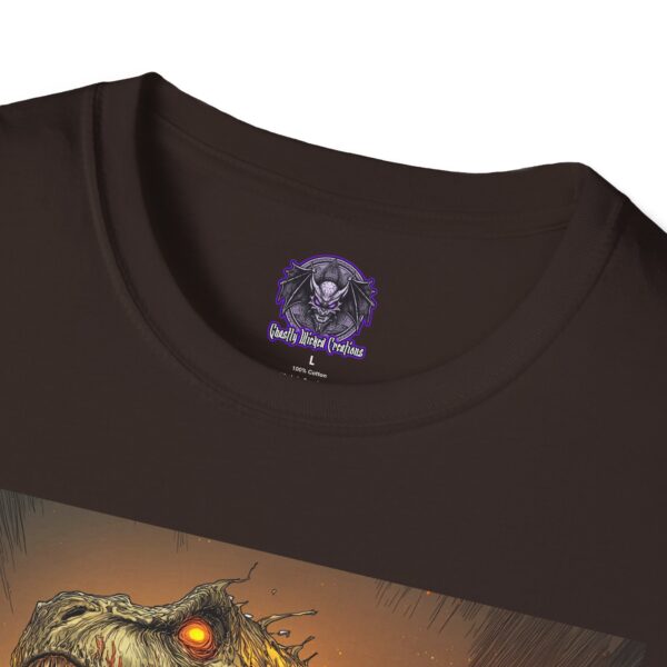 Zombie T-Rex Tyrannosaurus In Volcanic Wasteland Unisex T-Shirt - Image 19