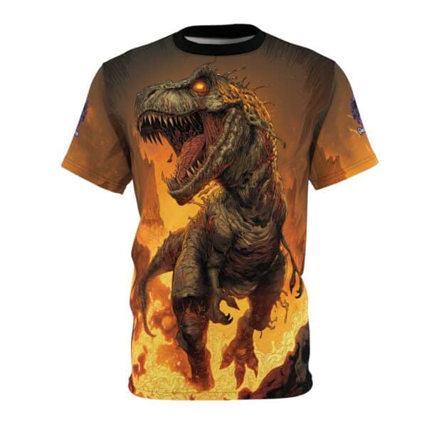 Zombie T-Rex Tyrannosaurus In Volcanic Wasteland Tee Unisex (AOP) - Image 5