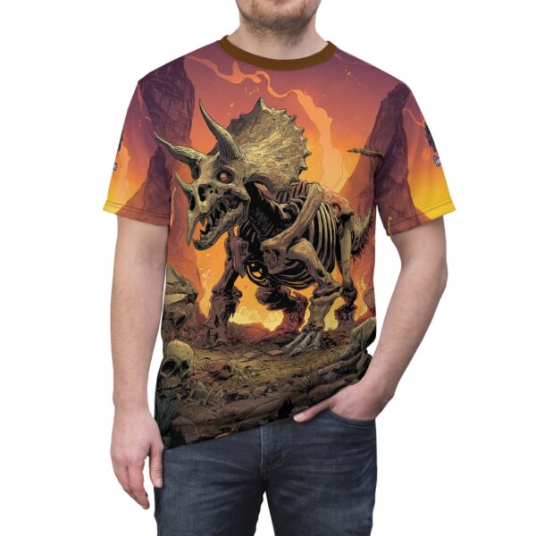 Skeletal Zombie Triceratops In Volcanic Wasteland Tee Unisex (AOP) - Image 9