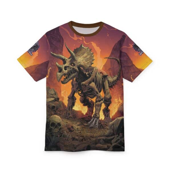 Skeletal Zombie Triceratops In Volcanic Wasteland Tee Unisex (AOP) - Image 6