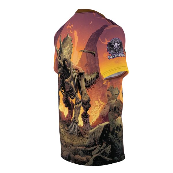 Skeletal Zombie Triceratops In Volcanic Wasteland Tee Unisex (AOP) - Image 4