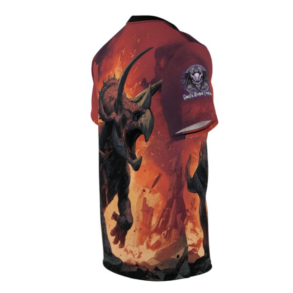 Zombie Triceratops In Volcanic Wasteland Tee Unisex (AOP) - Image 4