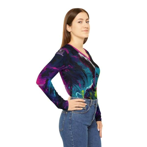 Bride Of Frankenstein Pop 60's Art Style Women's Long Sleeve V-neck Shirt (AOP) - Image 6