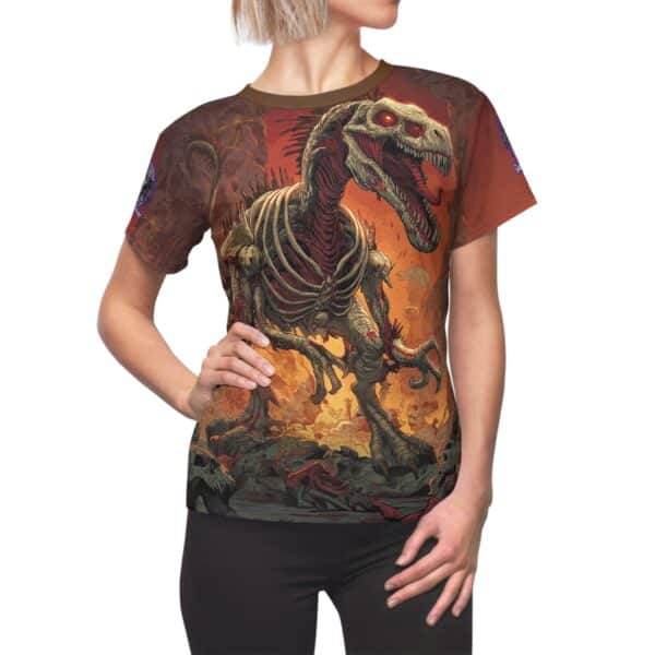 Zombie Raptor Velociraptor In Volcanic Wasteland Tee Women's (AOP) - Image 8