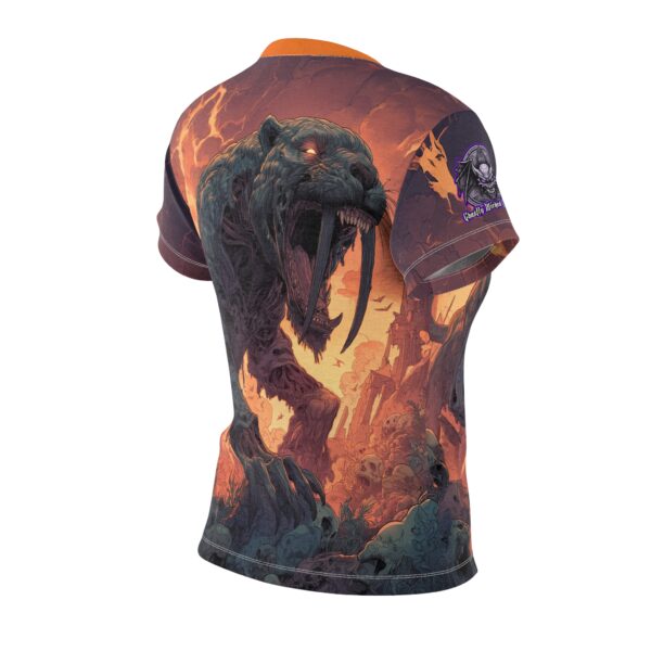 Zombie Smilodon Sabretooth Cat In Volcanic Wasteland Tee Women's (AOP) - Image 4