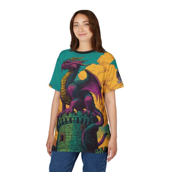 Dragon Guarding Castle Tower 60's Pop Art Style Unisex Tee (AOP) - Image 11