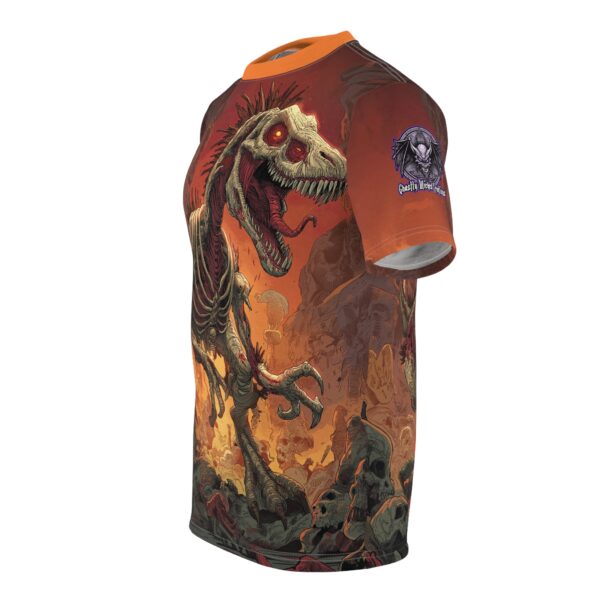 Zombie Raptor Velociraptor In Volcanic Wasteland Tee Unisex (AOP) - Image 23