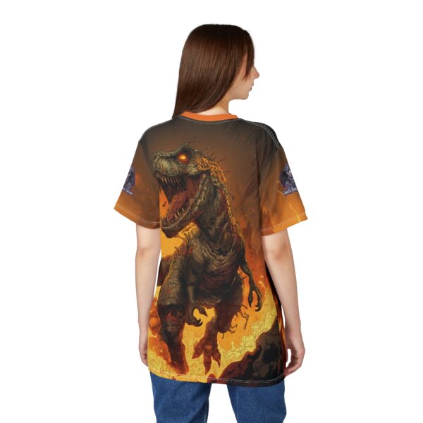 Zombie T-Rex Tyrannosaurus In Volcanic Wasteland Tee Unisex (AOP) - Image 34