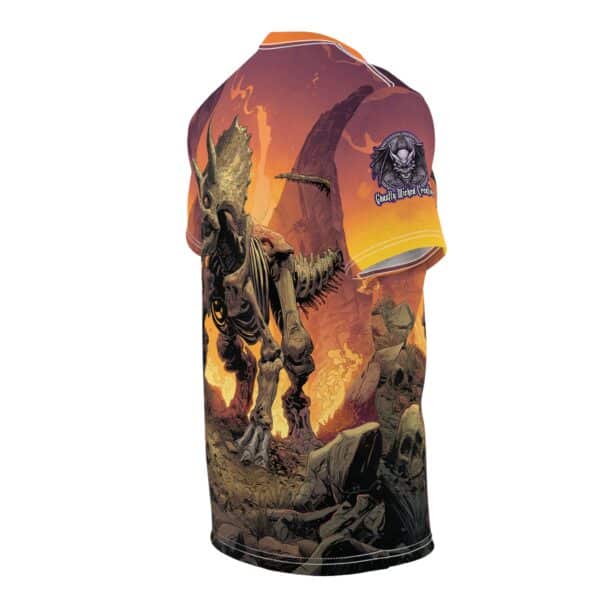 Skeletal Zombie Triceratops In Volcanic Wasteland Tee Unisex (AOP) - Image 24
