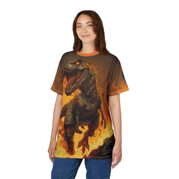 Zombie T-Rex Tyrannosaurus In Volcanic Wasteland Tee Unisex (AOP) - Image 31