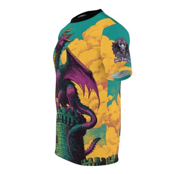 Dragon Guarding Castle Tower 60's Pop Art Style Unisex Tee (AOP) - Image 3