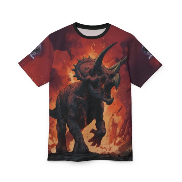 Zombie Triceratops In Volcanic Wasteland Tee Unisex (AOP) - Image 6
