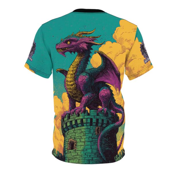 Dragon Guarding Castle Tower 60's Pop Art Style Unisex Tee (AOP) - Image 2