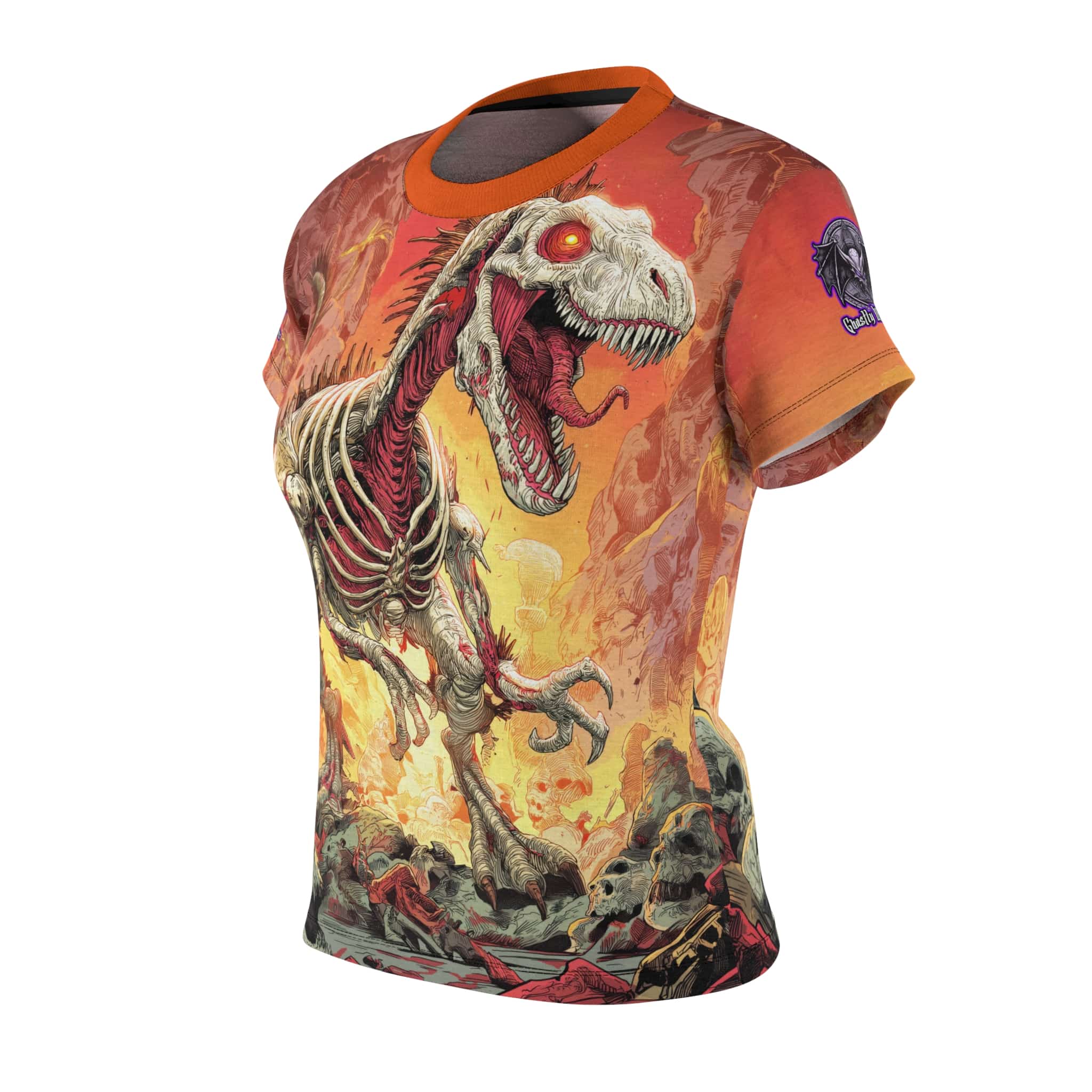 Zombie Raptor Velociraptor In Volcanic Wasteland Tee Women's (AOP) - Image 6