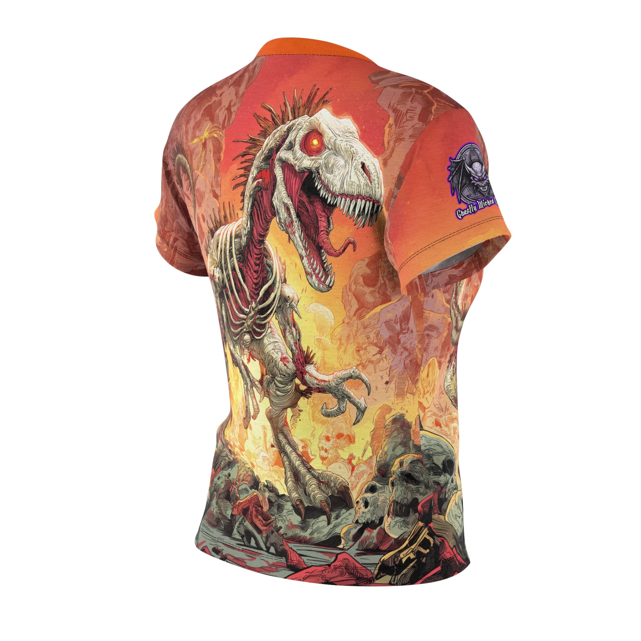 Zombie Raptor Velociraptor In Volcanic Wasteland Tee Women's (AOP) - Image 7