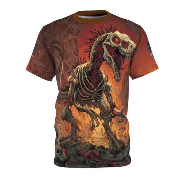 Zombie Raptor Velociraptor In Volcanic Wasteland Tee Unisex (AOP)