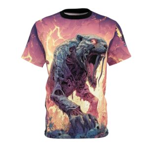 Zombie Smilodon Sabretooth Cat In Volcanic Wasteland Tee Unisex (AOP)