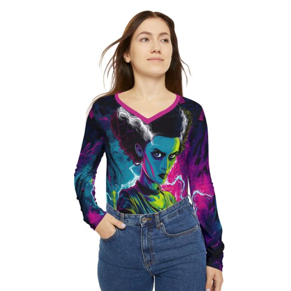 Bride Of Frankenstein Pop 60's Art Style Women's Long Sleeve V-neck Shirt (AOP) - Image 7