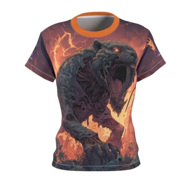 Zombie Smilodon Sabretooth Cat In Volcanic Wasteland Tee Women's (AOP) - Image 2
