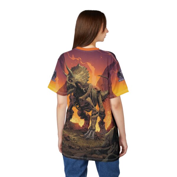Skeletal Zombie Triceratops In Volcanic Wasteland Tee Unisex (AOP) - Image 34
