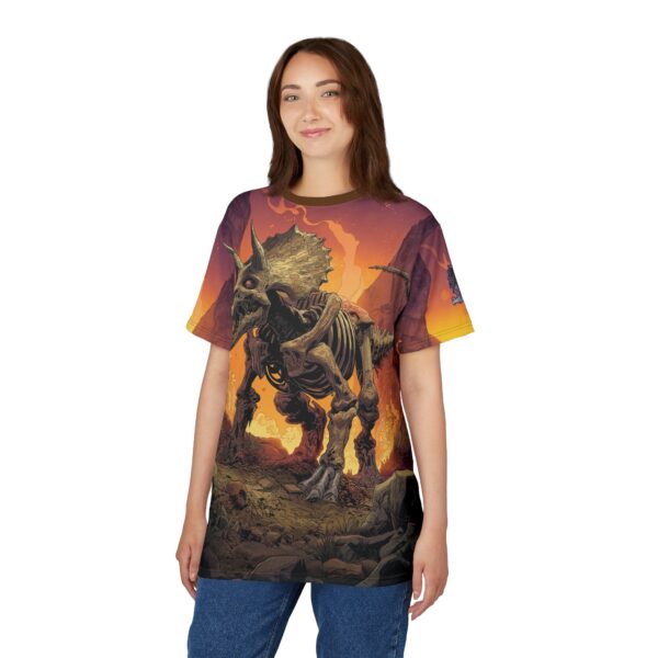 Skeletal Zombie Triceratops In Volcanic Wasteland Tee Unisex (AOP) - Image 11