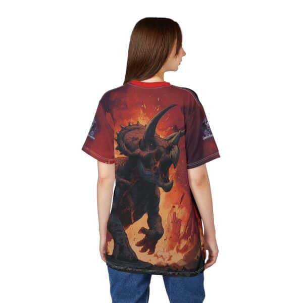Zombie Triceratops In Volcanic Wasteland Tee Unisex (AOP) - Image 34
