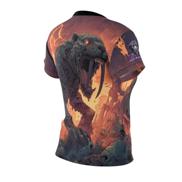 Zombie Smilodon Sabretooth Cat In Volcanic Wasteland Tee Women's (AOP) - Image 7